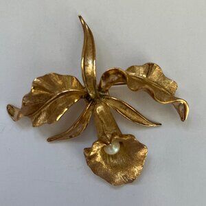 Vintage Signed BOUCHER Brushed Gold Tone ORCHID Brooch Pin Faux Pearl Statement